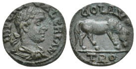 TROAS, Alexandria. Valerian I, 253-260 AD. AE, As.
Obv: IMP LIC VALERIAN.
Laureate, draped and cuirassed bust of Valerian, right.
Rev: COL AVG / TR...