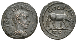 TROAS, Alexandria. Valerian I, 253-260 AD. AE, As.
Obv: IMP LICIN VALERIANVS.
Laureate, draped and cuirassed bust of Valerian, right.
Rev: COL AVG ...
