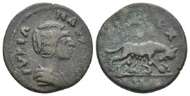 TROAS, Alexandria. Julia Mamaea Augusta, 222-235 AD. AE, As.
Obv: Draped bust of Julia Mamaea, right.
Rev: She-wolf standing r., suckling the twins....