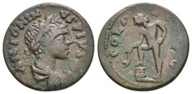 TROAS, Alexandria. Elagabalus, 218-222 AD. AE.
Obv: ANTONINVS PIVS AV.
Laureate, draped and cuirassed bust of Elagabalus, r.
Rev: COL ALE[X AV]G.
...