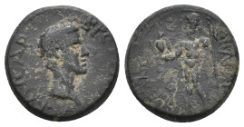 AEOLIS, Aegae. Britannicus, 41-55 AD. AE. 3.05 g. 16.4 mm.
Obv: ΒΡƐΤΑΝΝΙΚΟϹ ΚΑΙϹΑΡ.
Bare head of Britannicus, right.
Rev: Zeus standing, left, head...