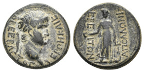 LYDIA, Apollonoshieron. Nero, 54-68 AD. AE.
Obv: NEPΩN KAIΣAP ΣEBAΣTOΣ.
Laureate head of Nero, right.
Rev: AΠOΛΛΩNIEPITΩN.
Apollo standing facing,...