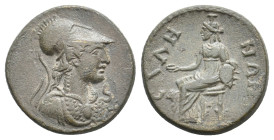 LYDIA, Sala. Pseudo-autonomous. Time of Trajan, 98-117 AD. AE.
Obv: Helmeted bust of Athena, right; wearing aegis.
Rev: СΑΛΗΝΩΝ.
Cybele seated left...