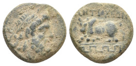CARIA, Antiochia ad Maeandrum. 2nd century BC. AE.
Obv: Head of Zeus, r.
Rev: ANTIOXEΩN.
Zebu bull lying left on maeander pattern.
SNG Cop. Caria ...