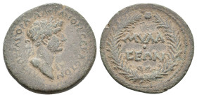 CARIA, Mylasa. Hadrian, 117-138 AD. AE.
Obv: ΑΥΤΟΚΡΑΤΟΡΑ ΑΔΡΙΑΝΟΝ СΕΒΑСΤΟΝ.
Laureate head of Hadrian, right; with drapery on left shoulder.
Rev: ΜΥ...