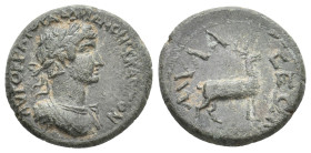 CARIA. Mylasa. Hadrian, 117-138 AD. AE.
Obv: ΑΥΤΟΚΡΑΤΟΡΑ ΑΔΡΙΑΝΟΝ ϹΕΒΑϹΤΟΝ.
Draped and laureate bust of Hadrian, r.
Rev: ΜΥΛΑⳞΕΩΝ.
Stag, r.
Akarc...