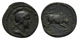 CARIA, Trapezopolis. Pseudo-autonomous. Time of Antoninus Pius (138-161). AE. Poli- Adrastos, magistrate.
Obv: ΤΡΑΠЄΖΟΠΟΛΙΤΩΝ.
Helmeted and draped b...