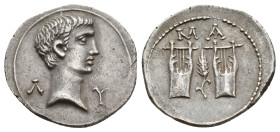 LYCIAN LEAGUE. Augustus, 27 BC-AD 14. AR, Drachm. Masikytes, circa 27-20 BC.
Obv: Λ-Y.
Bare head of Augustus, right.
Rev. MA.
Two kitharas with gr...