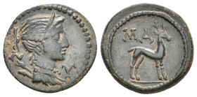 LYCIAN LEAGUE. Masikytes. Time of Augustus (27 BC-AD 14). Ae.
Obv: Λ - Υ.
Bust of Artemis right, with quiver over shoulder.
Rev: MA.
Stag standing...