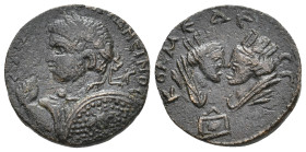 MESOPOTAMIA, Edessa. Elagabal, 218-222 AD. AE.
Obv: Laureate, draped and cuirassed bust of Elagabalus, left; holding shield.
Rev: KOΛω MAΡ ЄΔЄCCA.
...