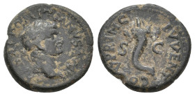 ASIA MINOR, Uncertain mint, possibly Ephesus. Domitian as Caesar, 69-81 AD. AE, Semis.
Obv: CAESAR DOMITIANVS AVG F.
Laureate head of Domitian, righ...