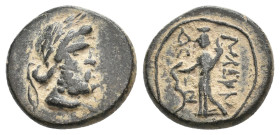 Uncertain. 2nd Century BC-Imperial Times. AE.
Obv: Head of Zeus, r., laureate.
Rev: Tyche standing left, holding rudder and cornucopia.
Condition: ...