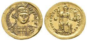 Uncommon portrait

HONORIUS, 393-423 AD. AV, Solidus. Constantinople.
Obv: D N HONORIVS P F A[V]G.
Bust of Honorius, helmeted, pearl-diademed, cui...