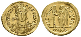 ZENO, 476-491 AD. AV, Solidus.Constantinople.
Obv: D N ZENO - PERP AVG.
Bust of Zeno, helmeted, pearl-diademed, cuirassed, facing front, holding spe...