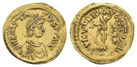 ANASTASIUS I, 491-518 AD. AV, Tremissis. Constantinople.
Obv: D N ANASTASIVS P P AVG.
Diademed, draped and cuirassed bust of Anastasius right.
Rev:...