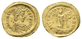 ANASTASIUS I, 491-518 AD. AV, Tremissis. Constantinople.
Obv: D N ANASTASIVS P P AVG.
Diademed, draped and cuirassed bust of Anastasius right.
Rev:...