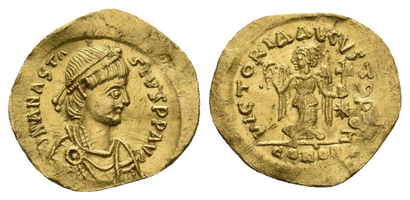ANASTASIUS I, 491-518 AD. AV, Tremissis. Constantinople.
Obv: D N ANASTASIVS P ...