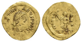 JUSTINIAN I, 527-565 AD. AV, Tremissis. Constantinople.
Obv: [D N IVS]TINIANVS P P AVG.
Bust of Justinian I facing right and wearing cuirass, chlamy...