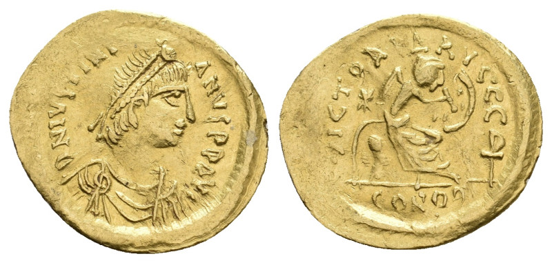 Justinian I AV Semissis. Constantinople, AD 527-565.
Obv: D N IVSTINIANVS P P A...