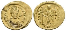 JUSTINIAN I, 527-565 AD. AV, Solidus. Constantinople.
Obv: D N IVSTINIANVS P P AVG.
Helmeted and cuirassed bust facing slightly right, holding spear...