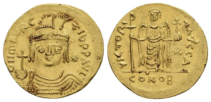 MAURICE TIBERIUS, 582-602 AD. AV, Solidus. Constantinople.
Obv: δ N MAVRC TIЬ P...