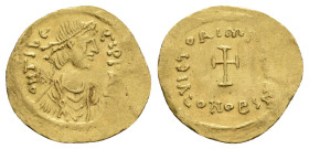 MAURICE TIBERIUS, 582-602 AD. AV, Tremissis. Constantinople,
Obv: D N TIЬЄRI P P AVI.
Pearl diademed, draped and cuirassed bust of Maurice Tiberius ...