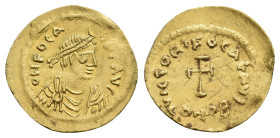 PHOCAS, 602-610 AD. AV, Tremissis. Constantinople.
Obv: δ N FOCAS [P P] AVG.
Diademed, draped and cuirassed bust right.
Rev: VICTORI FOCAS AVG / CO...