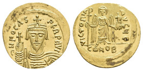 PHOCAS, 602-610 AD. AV, Solidus. Constantinople.
Obv: δN FOCAS PЄRP AVI.
Crowned and cuirassed facing bust, holding globus cruciger.
Rev: VICTORIA ...