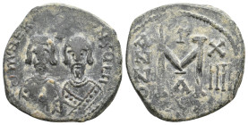REVOLT OF THE HERACLII, 608-610 AD. AE, Follis. Uncertain mint.
Obv: δM[N ЄRACLIO CON]SULII. Facing busts of Heraclius and his father, both bareheade...