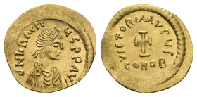 HERACLIUS, 610-641 AD. AV, Tremissis. Constantinople.
Obv: δN ҺRACLIЧS P P AV[G].
Bust of Herakleios facing right, beardless, wearing diadem, cuiras...