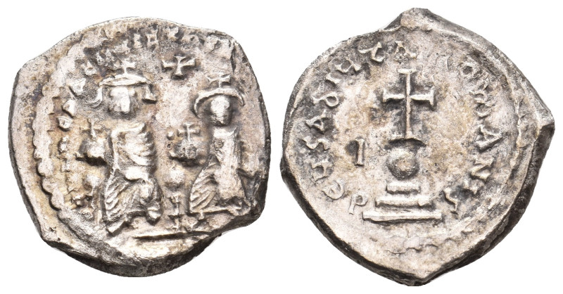 HERACLIUS, with HERACLIUS CONSTANTINE, 610-641 AD. AR, Hexagram. Constantinople....