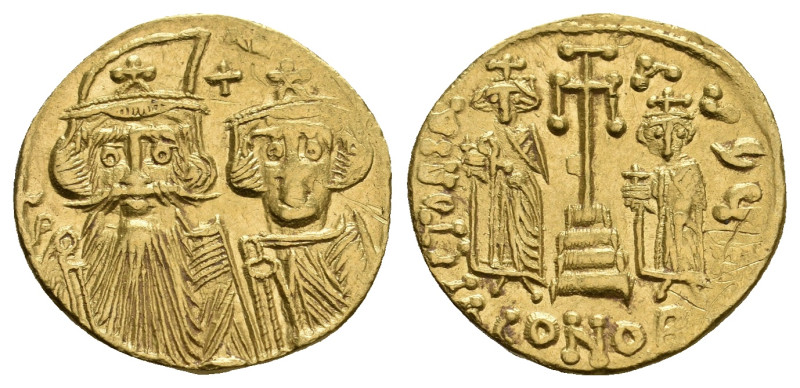CONSTANS II with CONSTANTINE IV, 641-668 AD. AV, Solidus. Constantinople.
Obv: ...