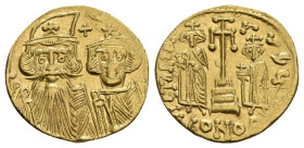 CONSTANS II with CONSTANTINE IV, 641-668 AD. AV, Solidus. Constantinople.
Obv: Crowned and draped facing busts of Constans and Constantine; cross abo...