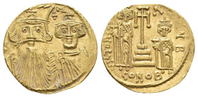 CONSTANS II with CONSTANTINE IV, 641-668 AD. AV, Solidus. Constantinople.
Obv: Crowned and draped facing busts of Constans and Constantine; cross abo...