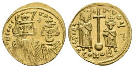 CONSTANS II, CONSTANTINE IV, HERACLIUS, TIBERIUS. 641-668 AD. AV, Solidus. Constantinople.
Obv: δ N CONSTANI[..].
Crowned and draped facing busts of...