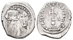 Constans II, with Constantine IV, 641-668 AD. AR, Hexagram, Constantinople.
Obv: [D N CONSTAN]TINU C CONSTAN] Crowned facing busts of Constans and Co...