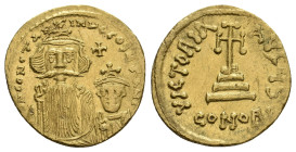 CONSTANS II, CONSTANTINE IV, 641-668 AD. AV, Solidus. Constantinople.
Obv: Crowned facing busts of Constans and Constantine, each wearing chlamys; cr...