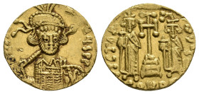 CONSTANTINE IV POGONATUS, HERACLIUS and TIBERIUS, 668-685 AD. AV, Solidus. Constantinople.
Obv: [δ N CONTN]ЧS PP.
Helmeted and cuirassed bust facing...