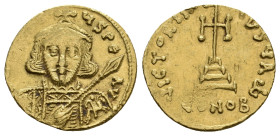 TIBERIUS III APSIMAR, 698-705 AD. AV, Solidus. Constantinople.
Obv: [D ƮIЬЄRI]ЧS PЄ AV.
Crowned and cuirassed bust facing, with short beard, holding...