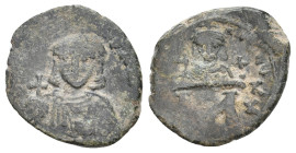 LEO III THE ISAURIAN, CONSTANTINE V, 717-741 AD. AE, Half Follis.
Obv: [δNO LЄON P A MUL A].
Crowned facing bust of Leo, holding globus cruciger and...