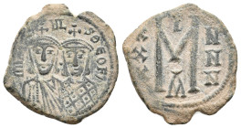 MICHAEL I RHANGABE with THEOPHYLACTUS, 811-813 AD. AE, Follis. Constantinople.
Obv: MI[XA]HL S ΘEOFI
Crowned facing busts of Michael and Theophylact...