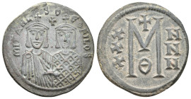 MICHAEL II AMORIANUS with THEOPHILUS, 820-829 AD. Follis, Constantinople.
Obv: MIXAHL S ΘEOFILOS.
Crowned facing busts of Michael, wearing chlamys, ...
