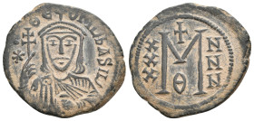 THEOPHILUS, 829-842 AD. AE, Follis. Constantinople.
Obv: ✷ ΘЄOFIL ЬASIL.
Crowned and draped bust facing, holding patriarchal cross and akakia.
Rev:...