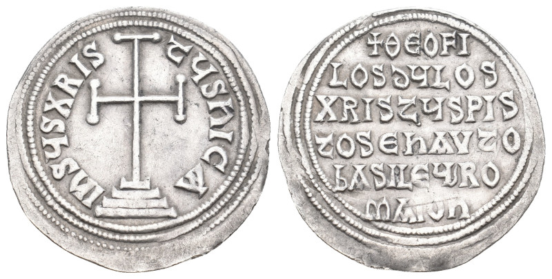 THEOPHILUS, 829-842 AD. AR, Miliaresion. Constantinople.
Obv: IҺSЧS XPISTЧS ҺIC...