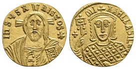Michael III, "the Drunkard" 842-867 AD. AV, Solidus. Constantinopolis,
Rev: IҺSЧS XRISTOS *.
Half-length bust of Christ Pantokrator facing with cros...
