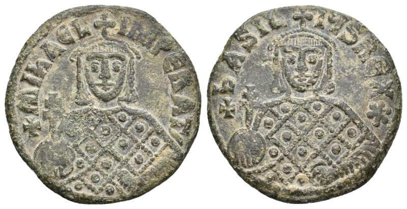 MICHAEL III 'THE DRUNKARD' with BASIL I, 842-867 AD. AE, Follis. Constantinople....