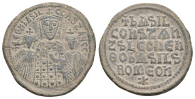 BASIL I THE MACEDONIAN with LEO VI and CONSTANTINE (867-886 AD). AE, Follis. Constantinople.
Obv: + LЄOҺ ЬASIL COҺST AЧGG.
Crowned facing busts of B...
