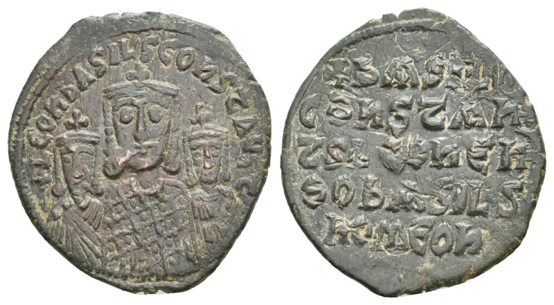 BASIL I THE MACEDONIAN with LEO VI and CONSTANTINE (867-886 AD). AE, Follis. Con...