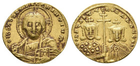 CONSTANTINE VII PORPHYROGENITUS with ROMANUS II, 913-959 AD. AV, Fourrèe Solidus. Constantinople.
Obv: + IҺS XPS RЄX RЄGNANTIЧM.
Facing bust of Chri...