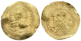 CONSTANTINE IX MONOMACHUS, 1042-1055 AD. AV, Histamenon Nomisma. Constantinople.
Obv: +IHS XIS REX REGNANTIM.
Facing bust of Christ, nimbate, raisin...